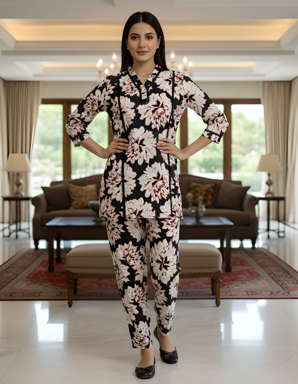 Women’s Black Floral Printed Co-ord Set – Vertigen Fabric