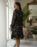 Black Georgette Lurex Floral Wrap Dress with Tiered Hem