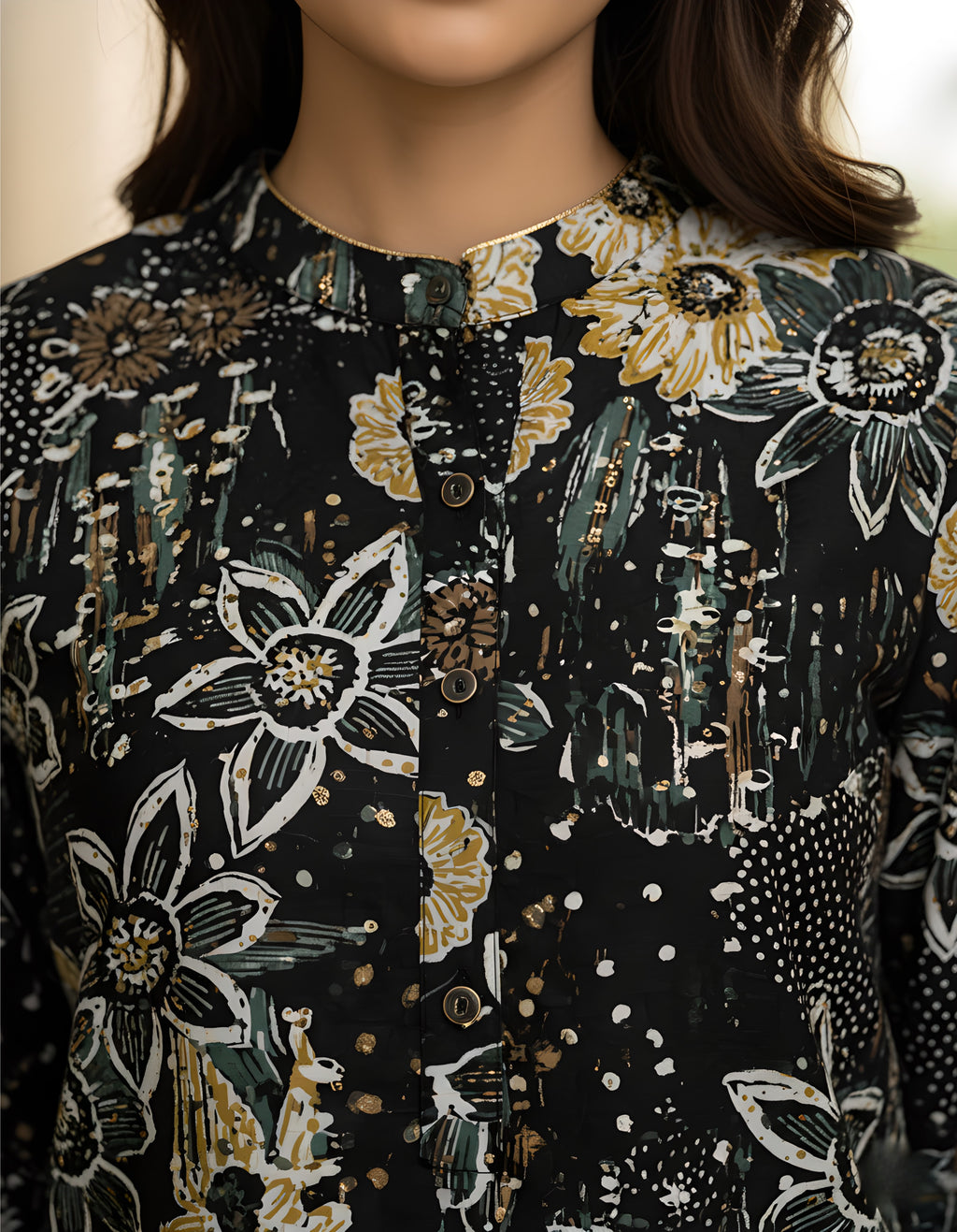 Women’s Black Gold Floral Printed Co-ord Set – Vertigen Fabric