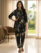 Women’s Black Gold Floral Printed Co-ord Set – Vertigen Fabric
