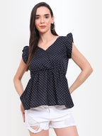 Viigobella Women’s Polka Dot Peplum Top in Black Crepe Fabric