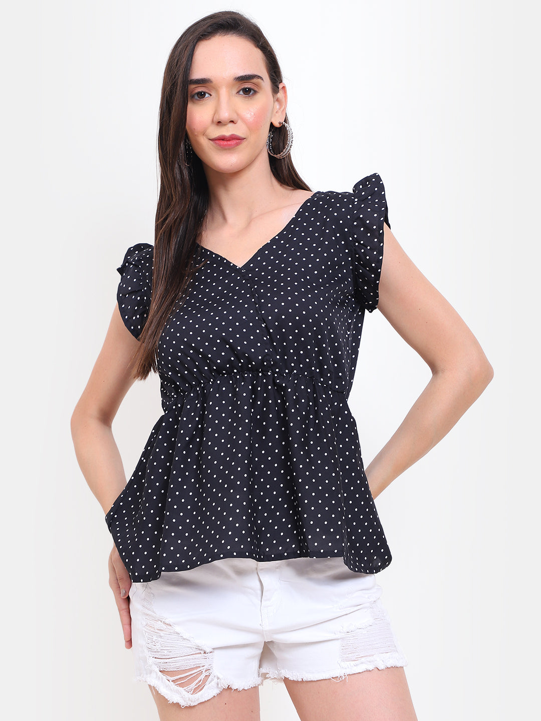 Viigobella Women’s Polka Dot Peplum Top in Black Crepe Fabric
