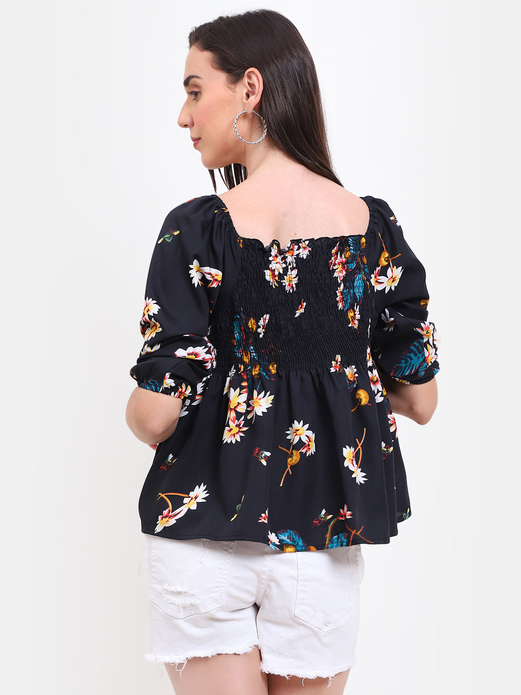 Viigobella Women’s Smocked Floral Top in Black Printed Crepe Fabric