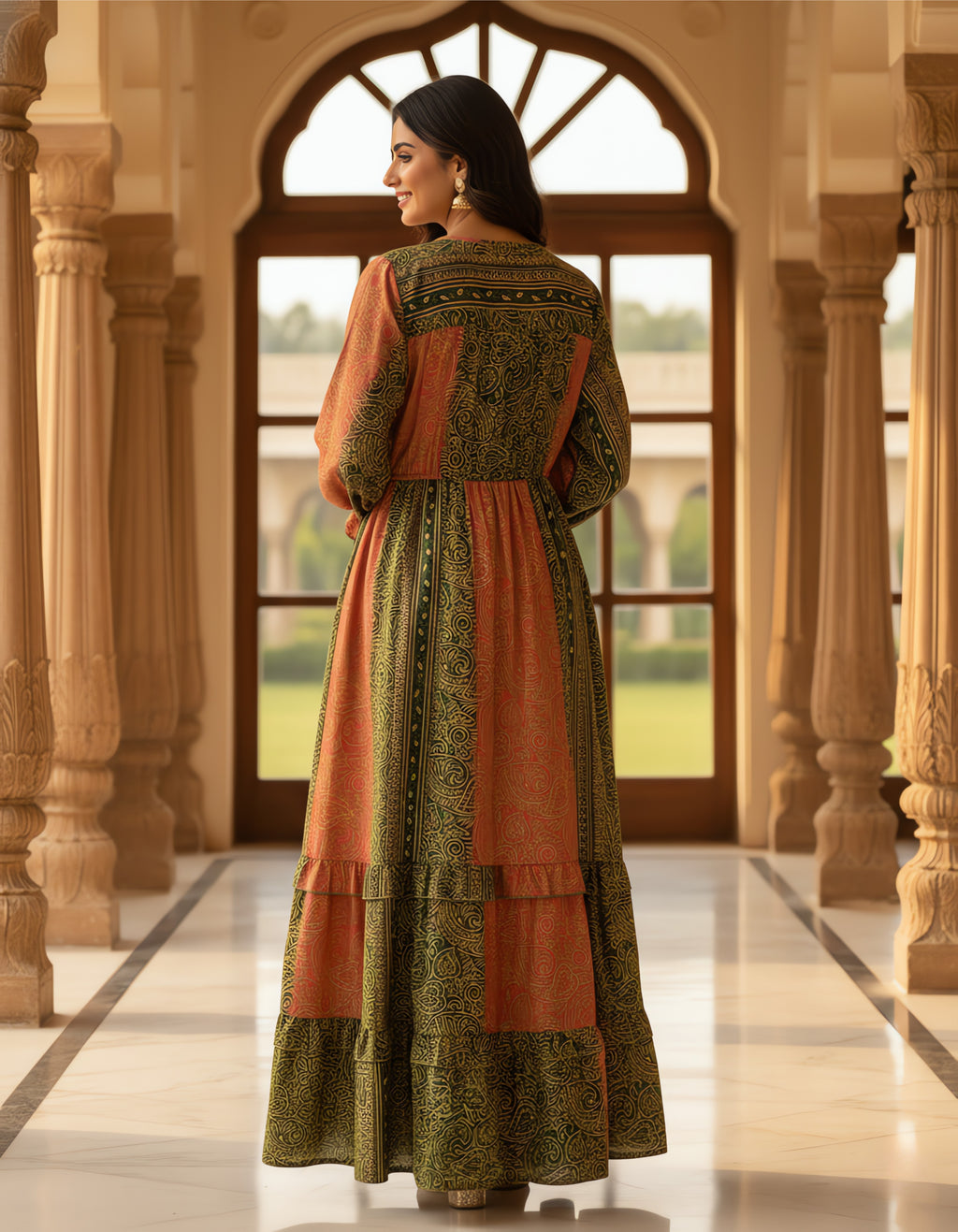 Viigobella Printed Boho Tiered Maxi Dress in Kasturi Silk