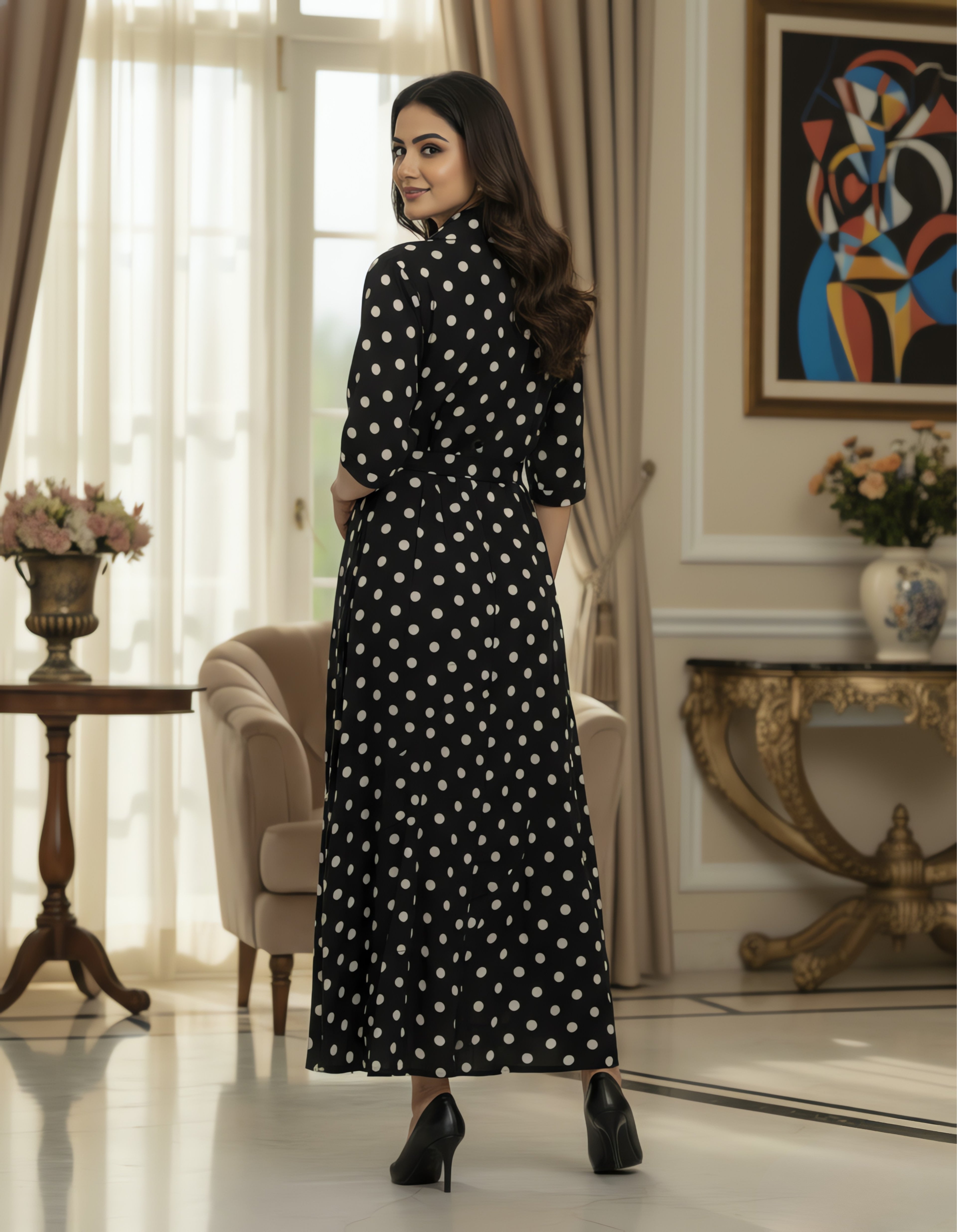 Viigobella Black & White Polka Dot Crepe Button-Down Maxi Dress