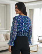 Blue Abstract Print Georgette Crop Top with Flounce Sleeves | Viigobella