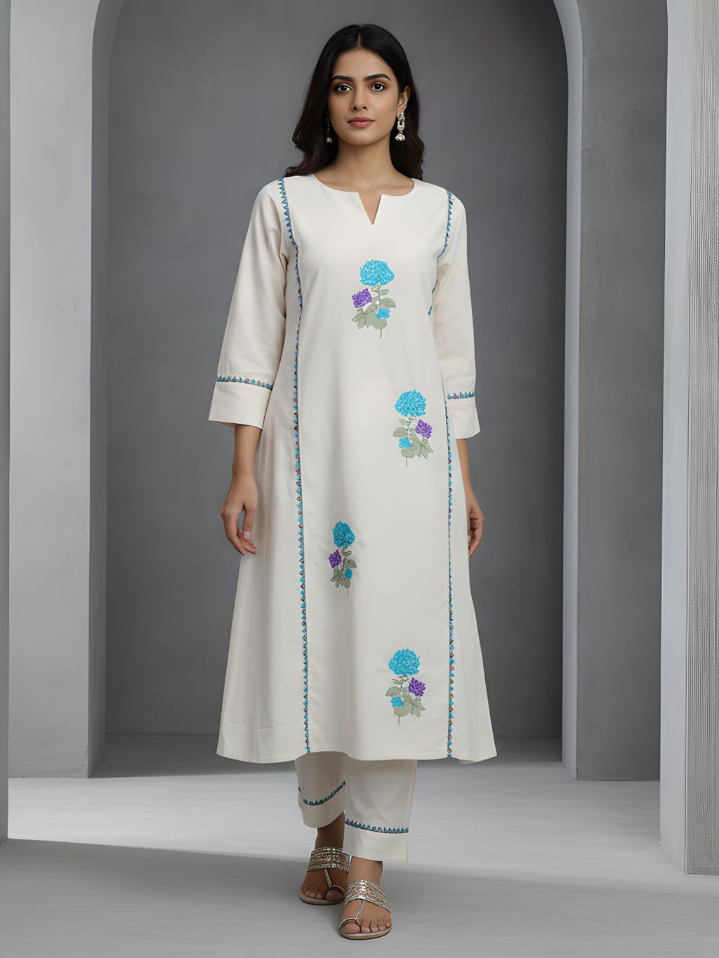 Blue Floral Embroidered Cotton Kurta Pant Set for Women