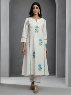 Blue Floral Embroidered Cotton Kurta Pant Set for Women