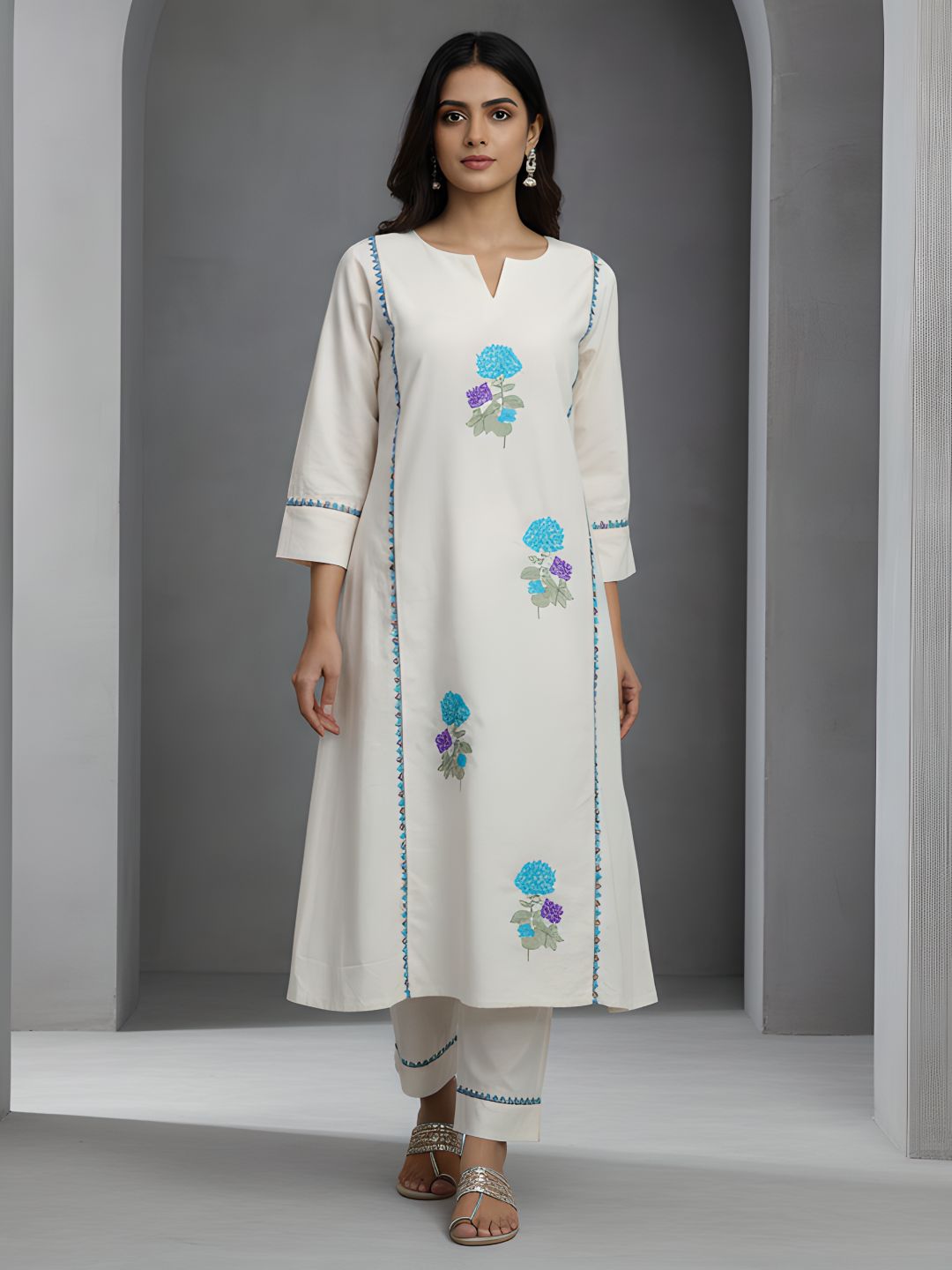 Blue Floral Embroidered Cotton Kurta Pant Set for Women