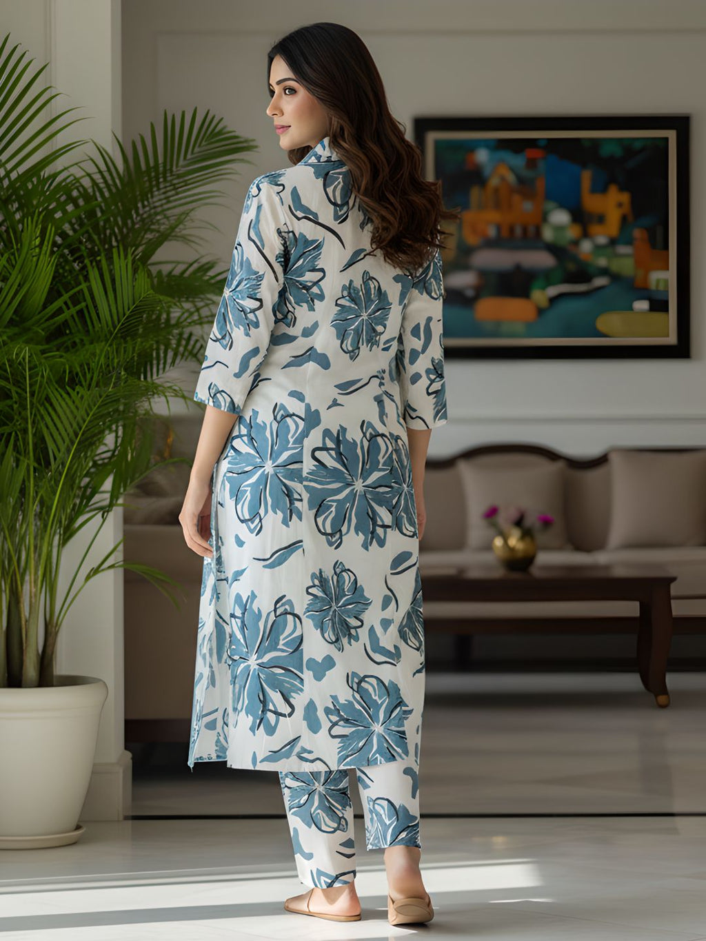 Blue Floral Long Shirt Co-ord Set for Women
