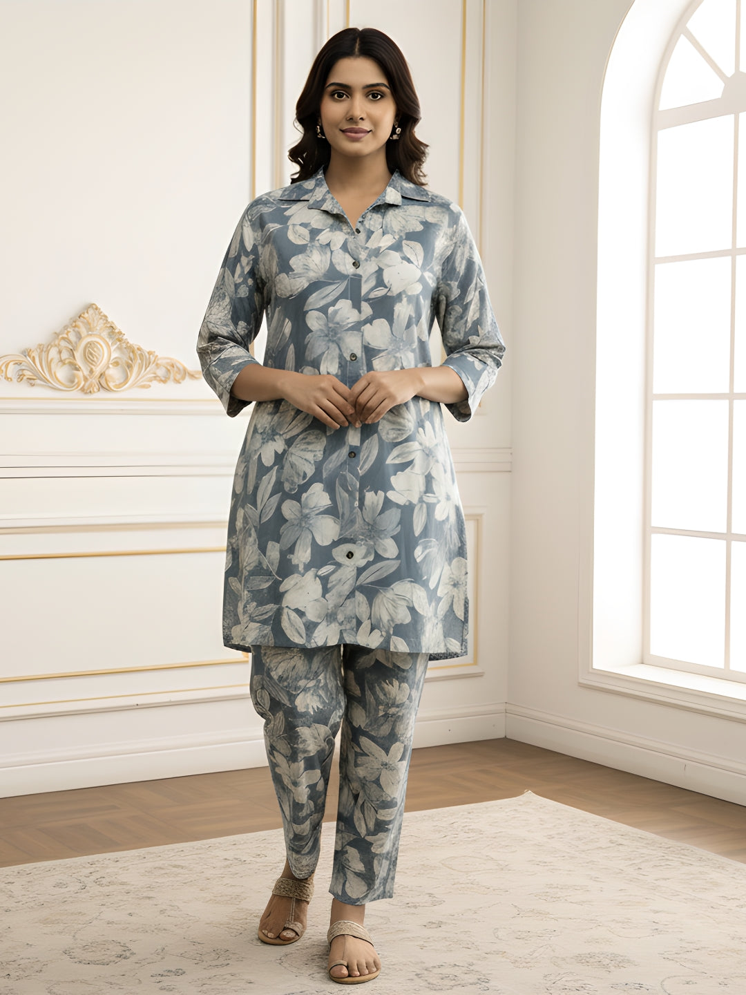 Blue Pastel Floral Long Shirt Co-ord Set for Women