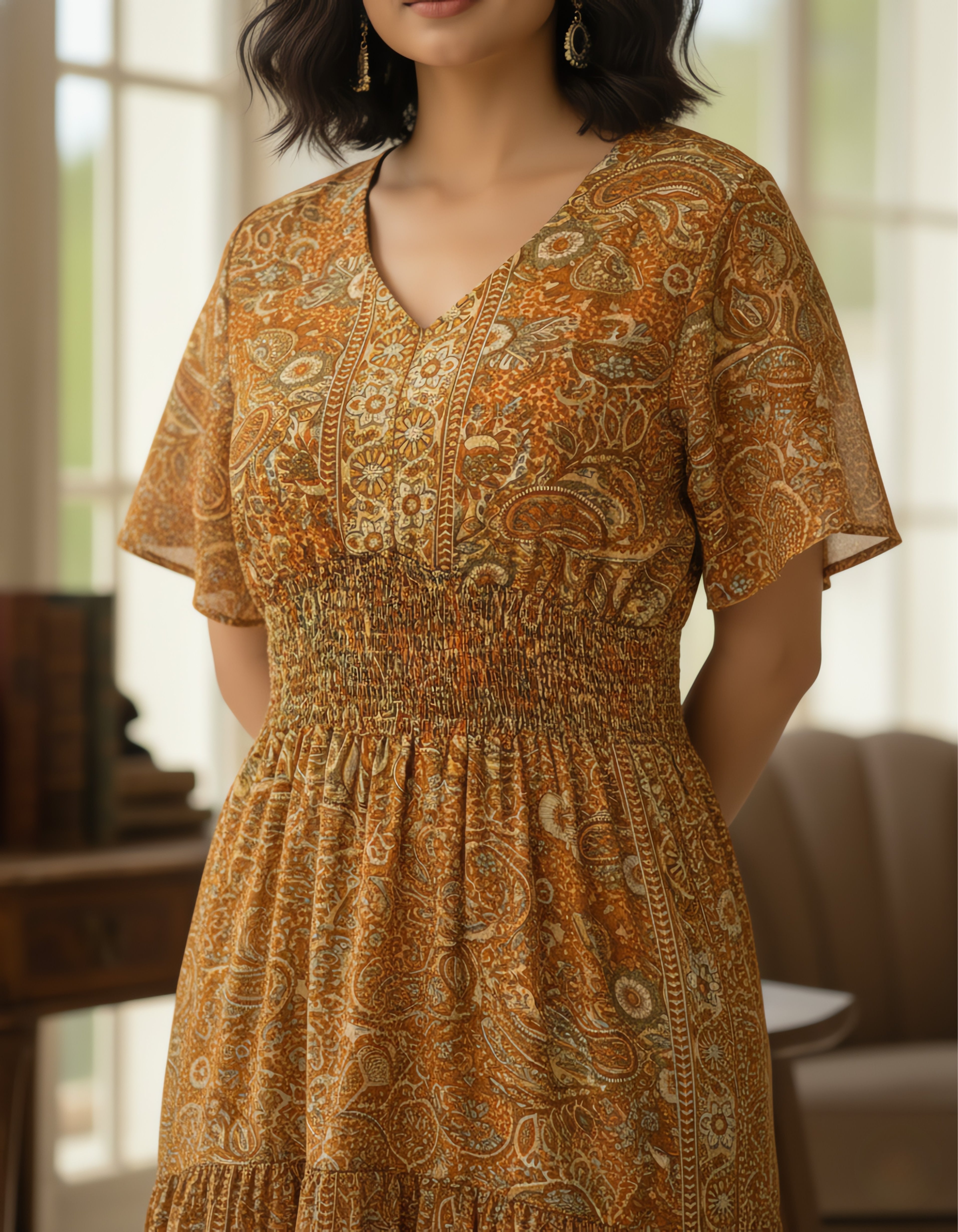 Viigobella Kasturi Silk Mustard Paisley Printed Smocked Waist Maxi Dress