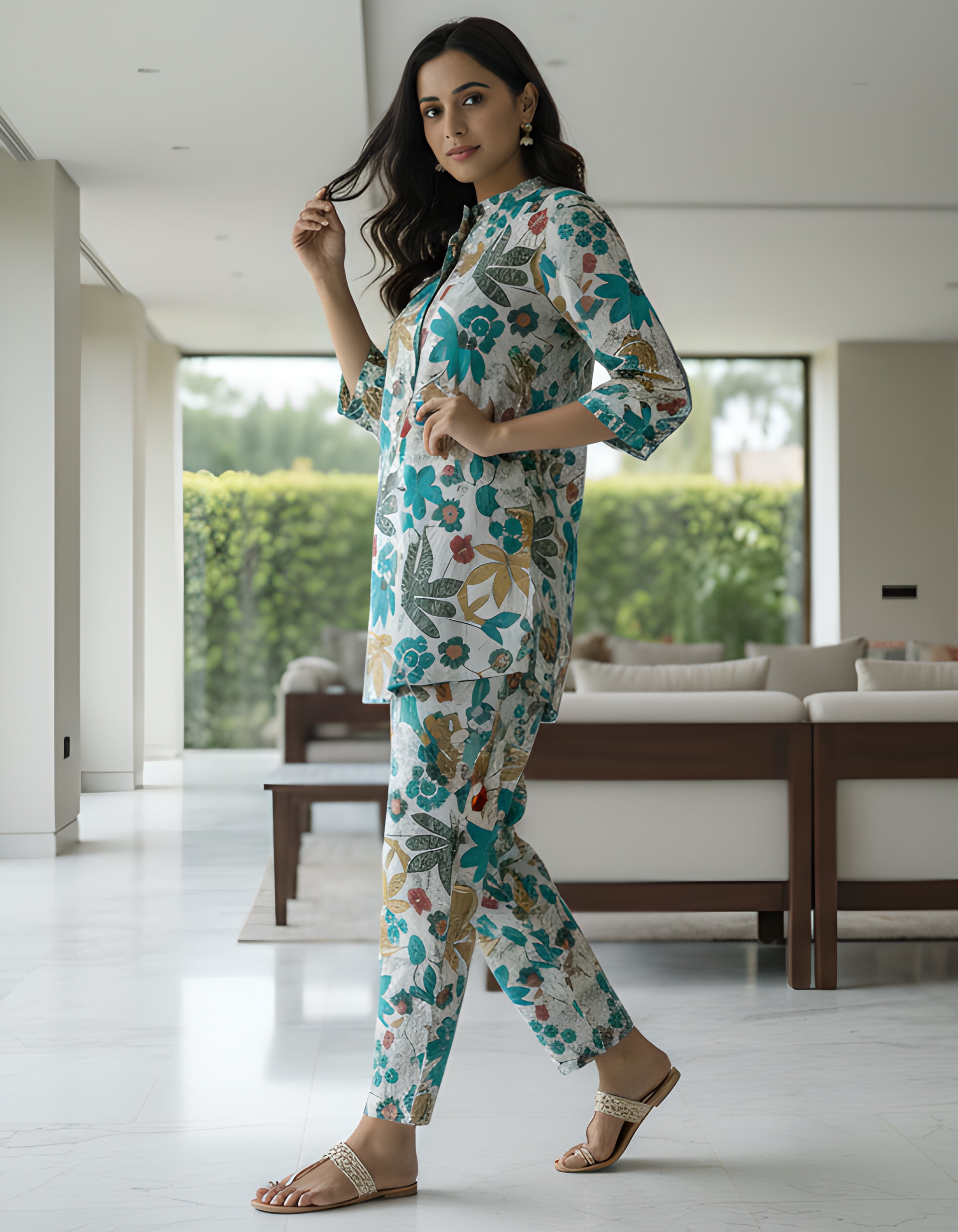 Women’s Teal Floral Printed Co-ord Set – Vertigen Fabric