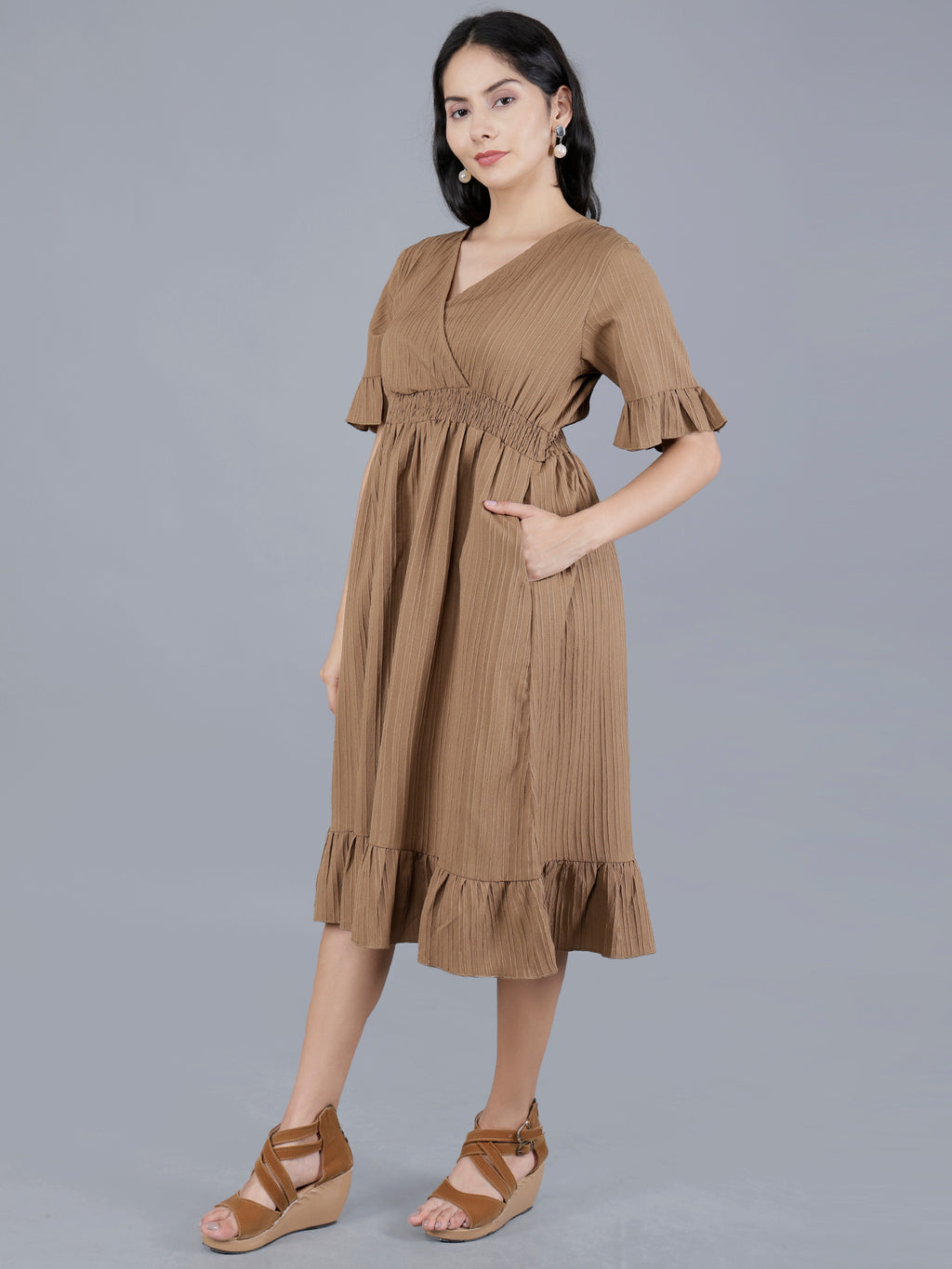 Viigobella Women’s Wrap Midi Dress in Brown Sugarcane Fabric | Manufacturer & Exporter