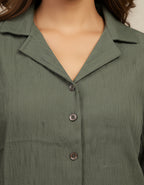 Women’s Premium Olive Green Textured Button-Down Co-ord Set