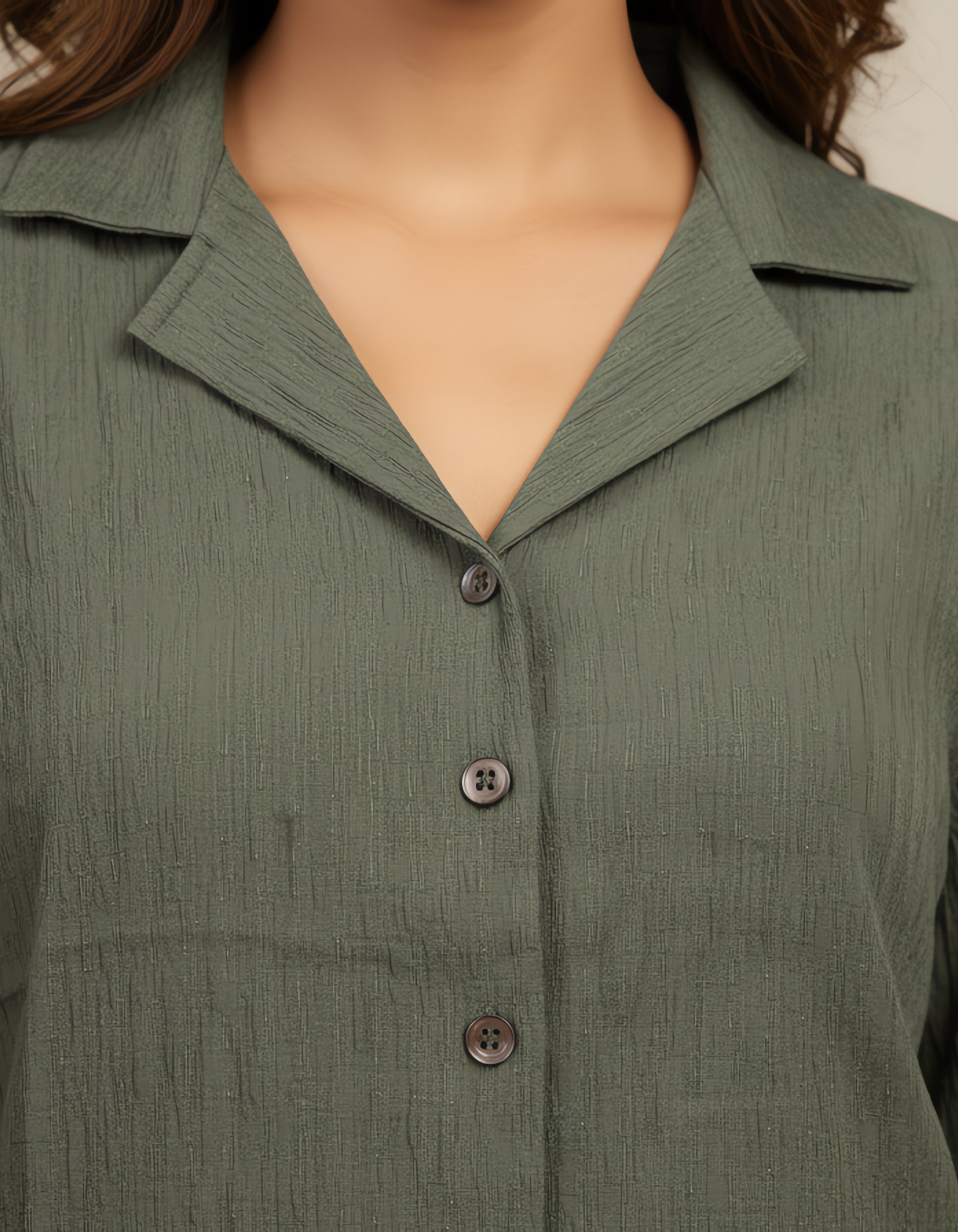 Women’s Premium Olive Green Textured Button-Down Co-ord Set