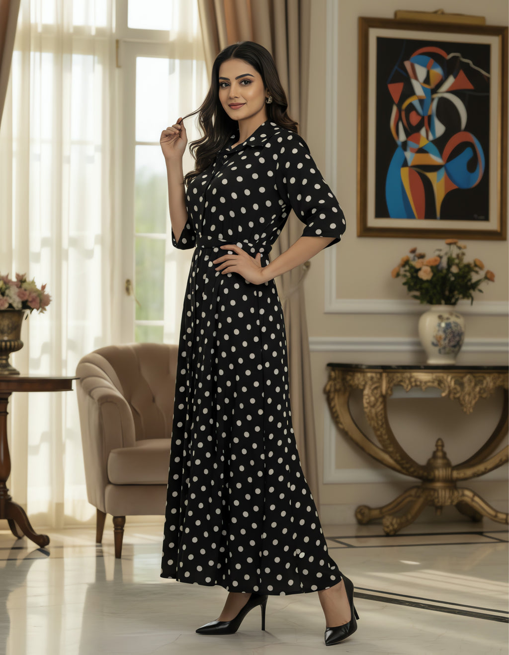 Viigobella Black & White Polka Dot Crepe Button-Down Maxi Dress