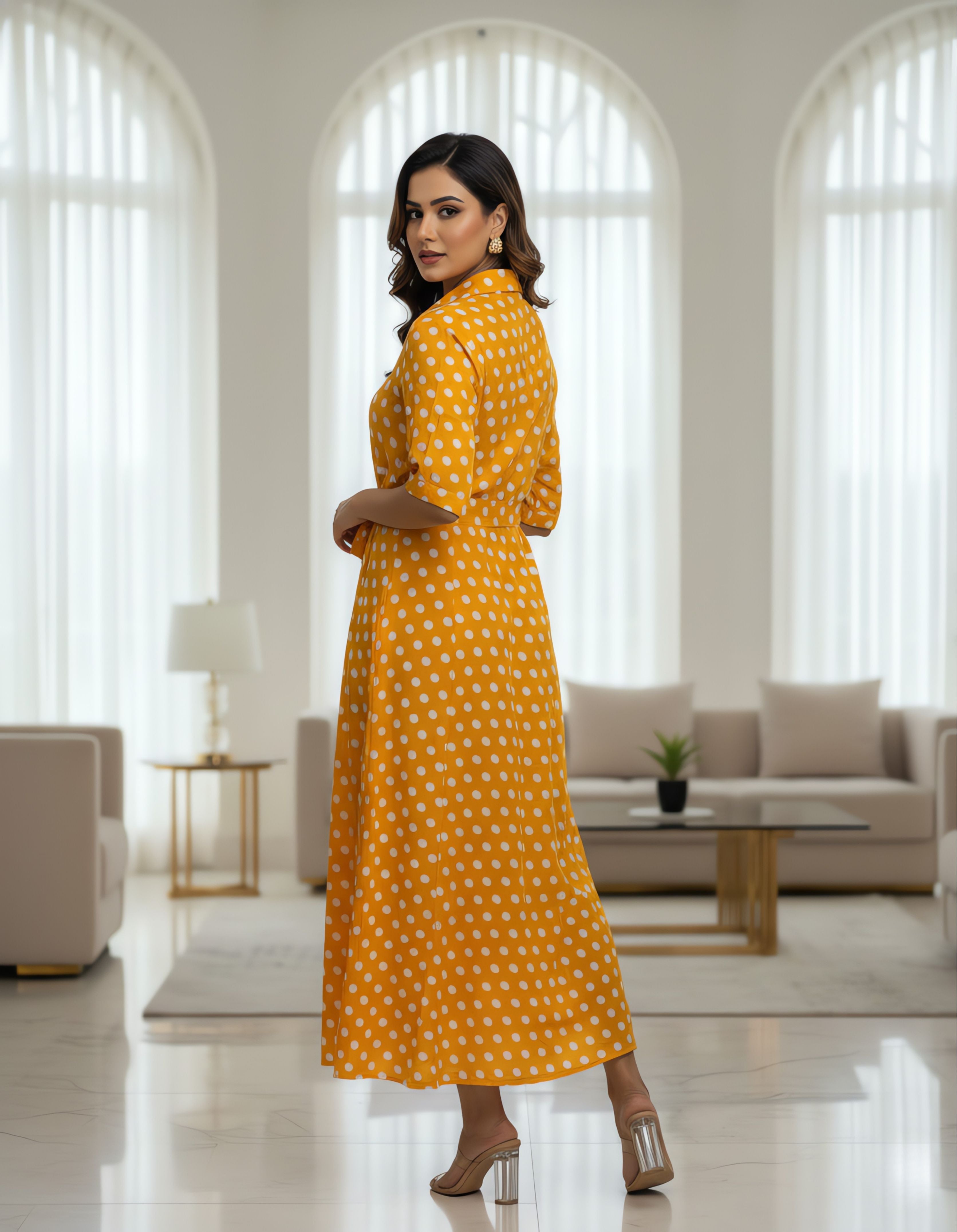 Viigobella Mustard Polka Dot Crepe Button-Down Maxi Dress