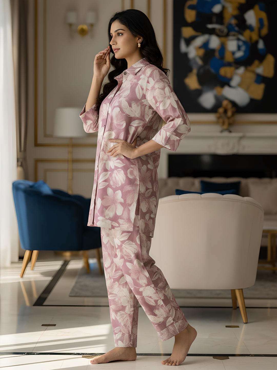 Pink Floral Printed Long Shirt Co-ord Set for Women