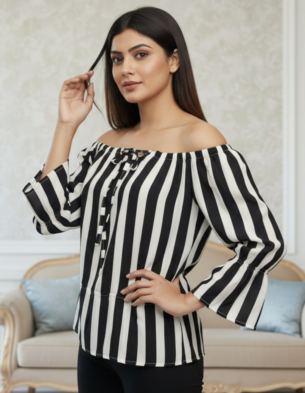 Striped Off-Shoulder Top with Tie-Up Front | Viigobella