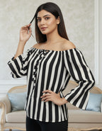 Striped Off-Shoulder Top with Tie-Up Front | Viigobella