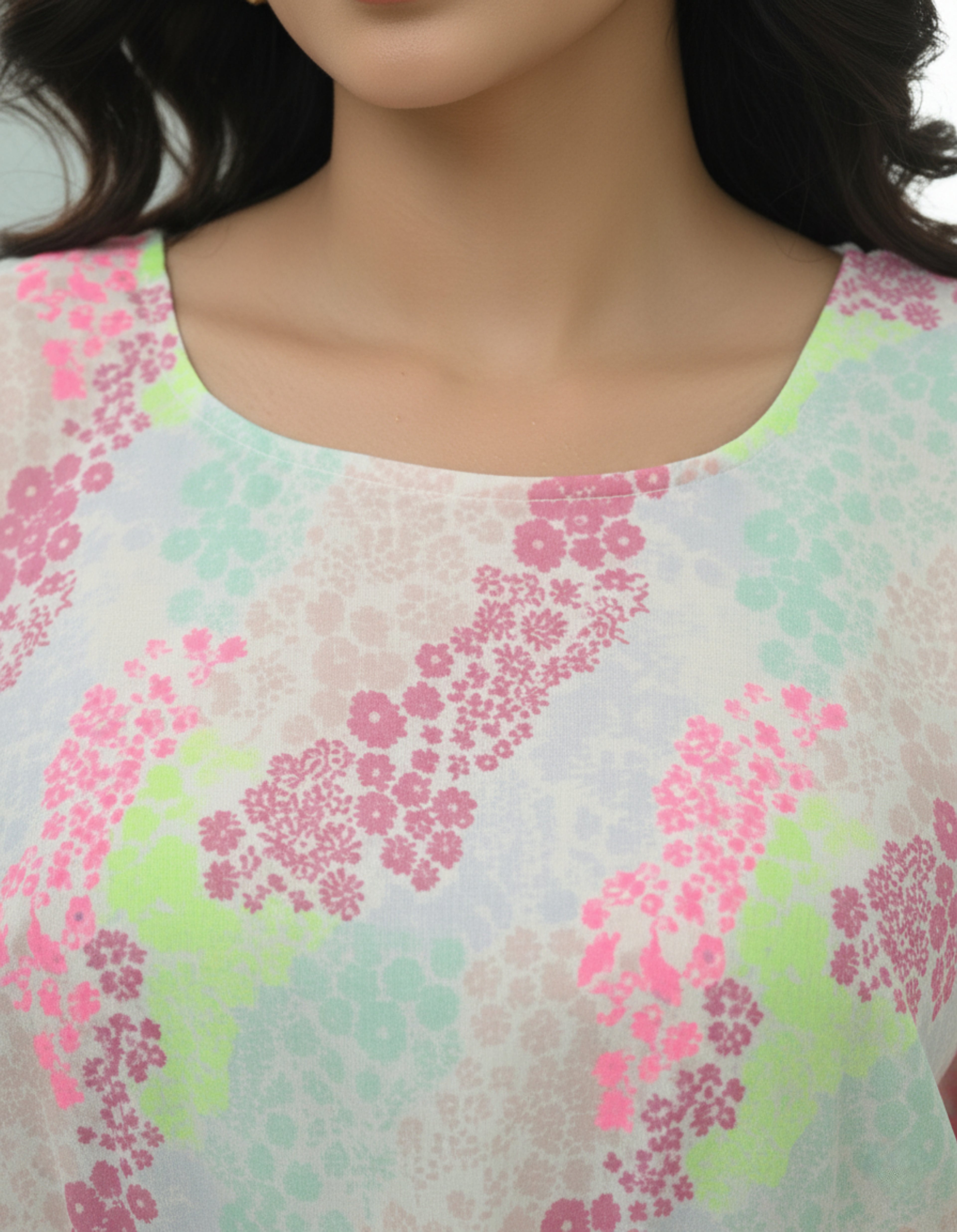 Pastel Floral Georgette Kaftan Top with Lace Border | Viigobella