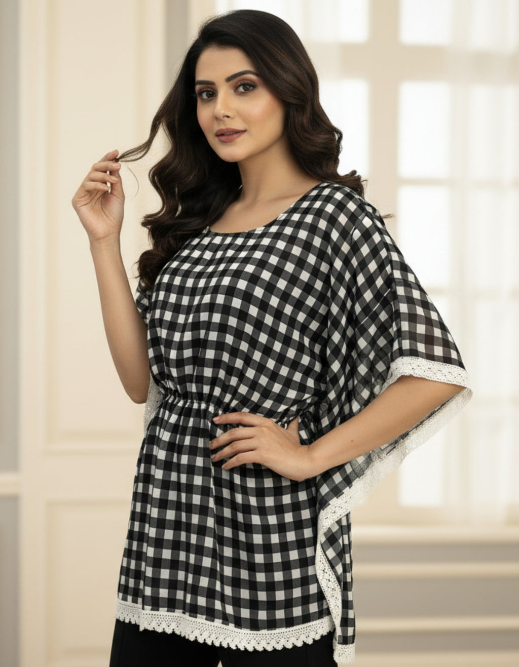 Black & White Checkered Georgette Kaftan Top with Lace Border | Viigobella