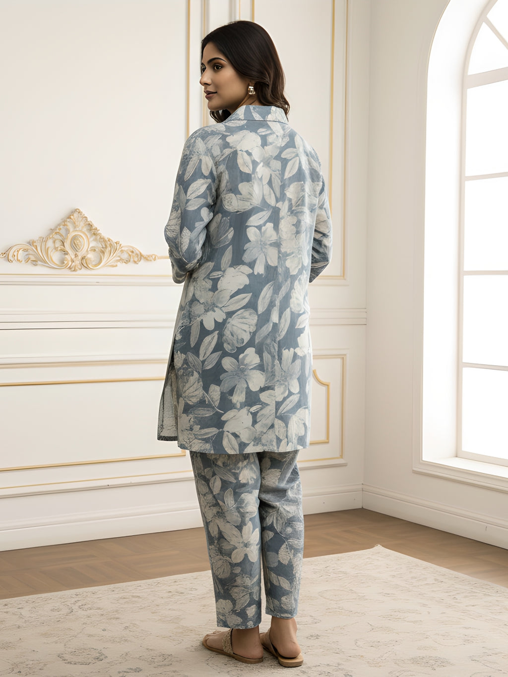 Blue Pastel Floral Long Shirt Co-ord Set for Women