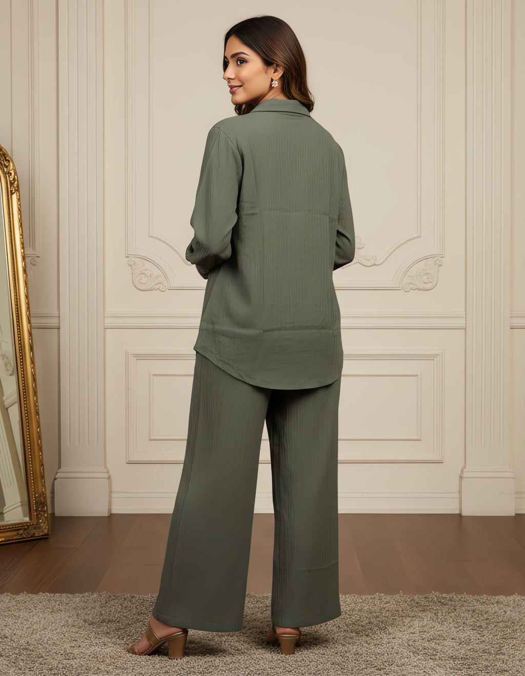 Women’s Premium Olive Green Textured Button-Down Co-ord Set