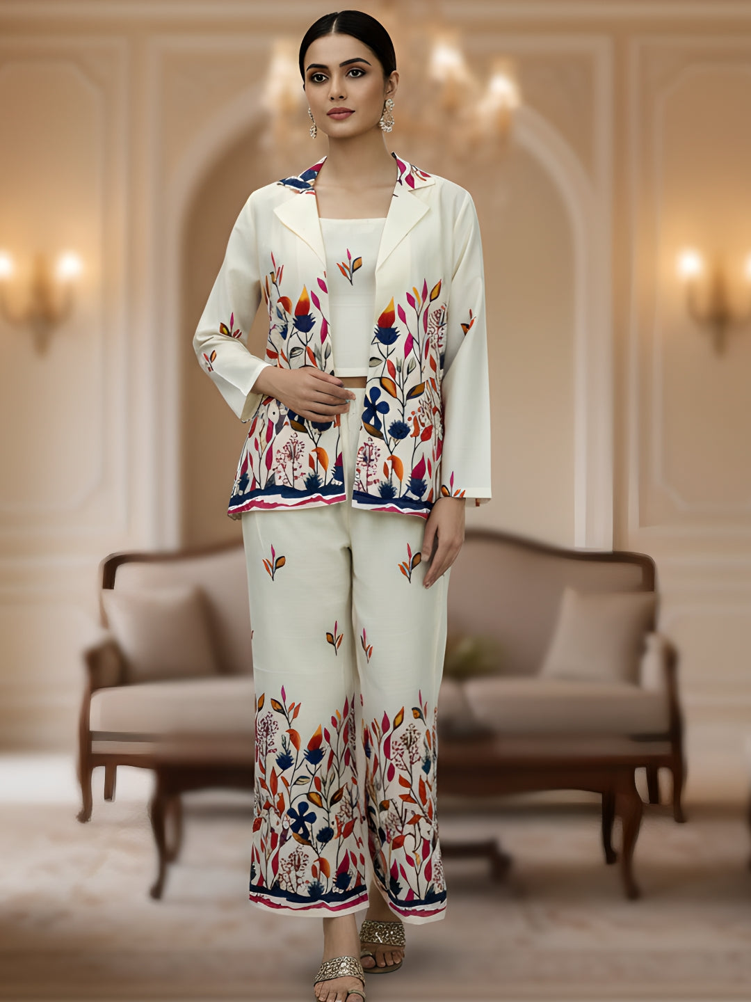 Premium Multicolor Floral Cotton Blazer Co-ord Set for Women (3-Piece)