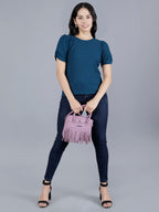 Viigobella Women’s Puff Sleeve Top in Teal Blue Cotton Fabric