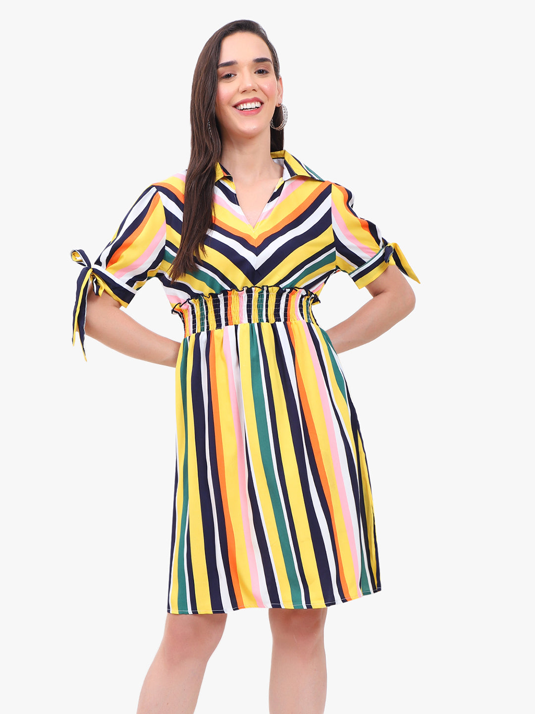 Women’s Striped Crepe Dress with Smocked Waist & Tie-Up Sleeves – Export Quality