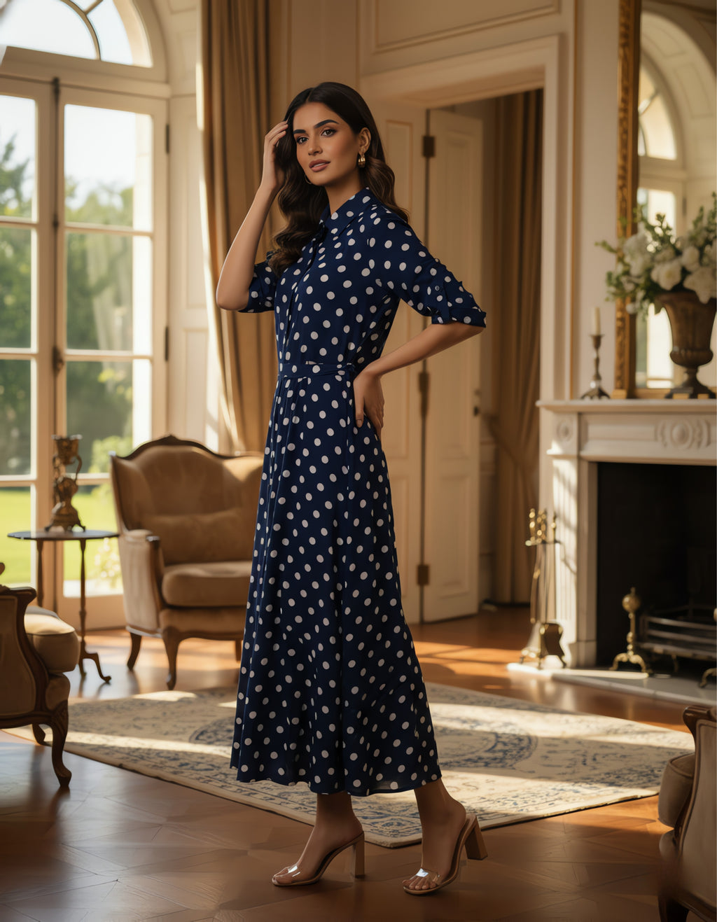 Viigobella Navy Polka Dot Crepe Button-Down Maxi Dress