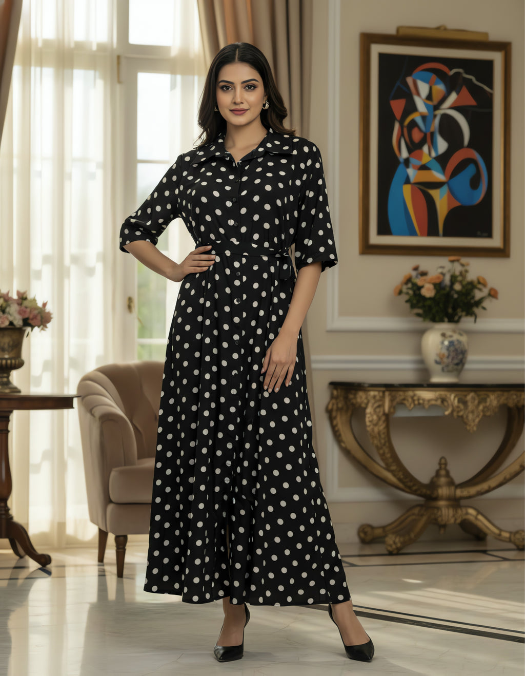 Viigobella Black & White Polka Dot Crepe Button-Down Maxi Dress
