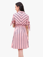 Women’s Striped Crepe Short Dress with Smocked Waist & Tie-Up Sleeves – Export Quality