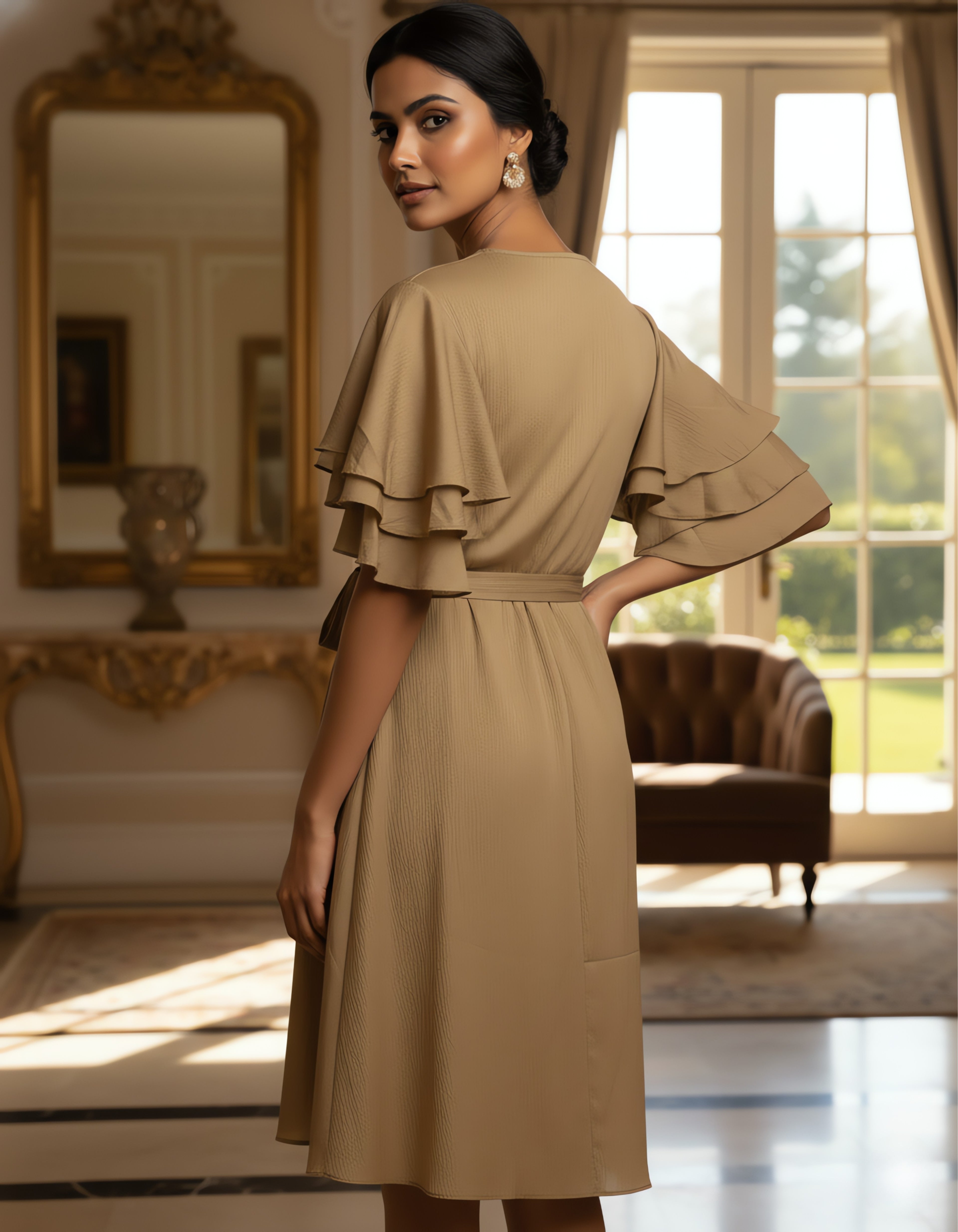 Viigobella Delta Fabric Wrap Dress with Layered Ruffle Sleeves