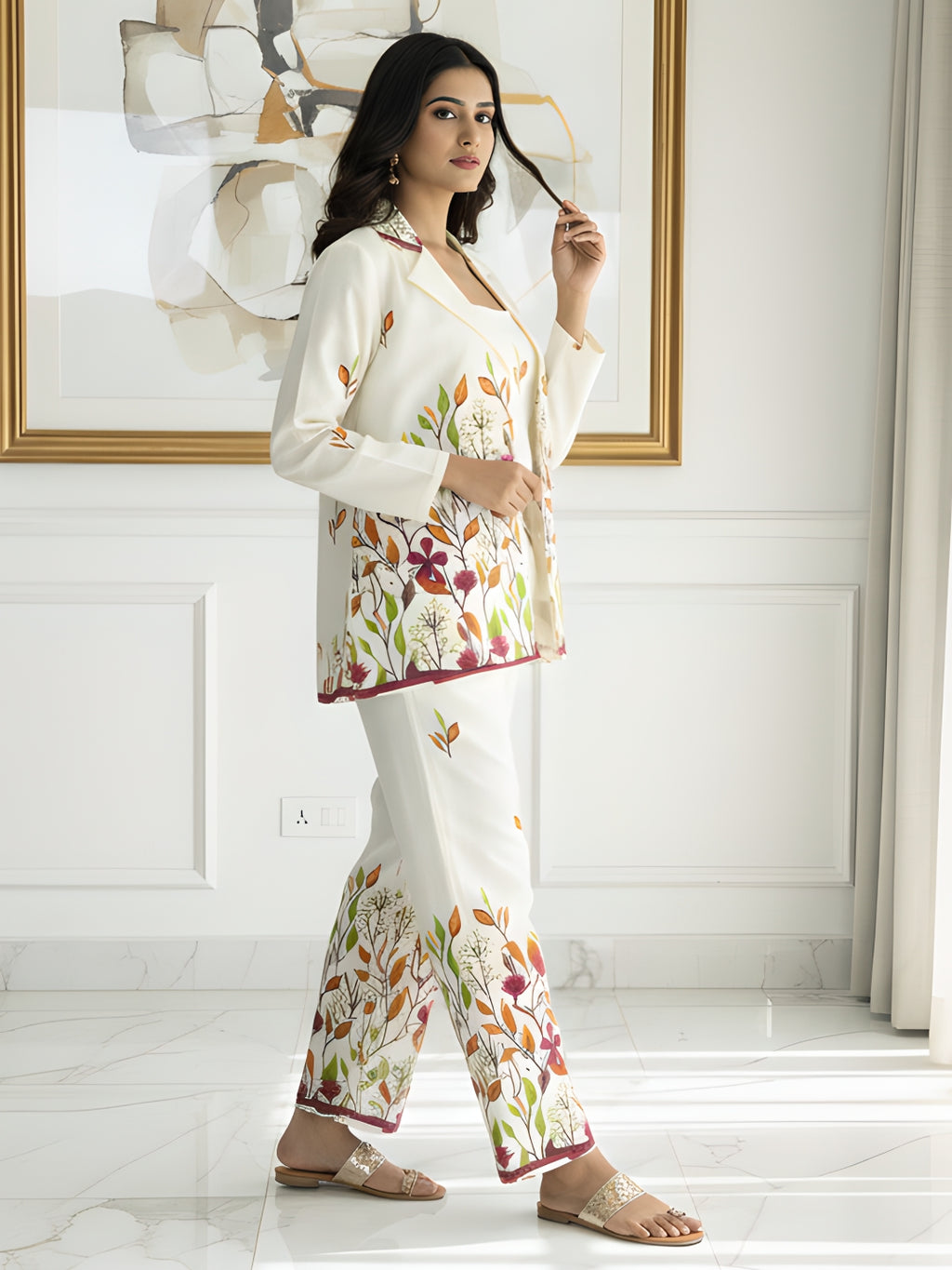 Elegant Floral Cotton Blazer Co-ord Set for Women (3-Piece)