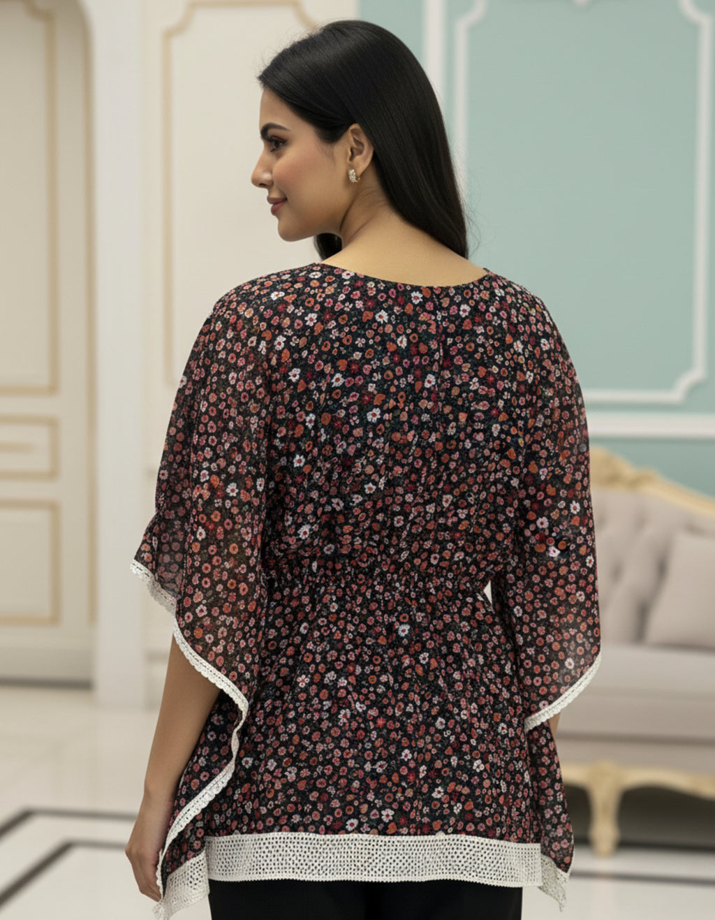 Black Floral Georgette Kaftan Top with Lace Hem | Viigobella