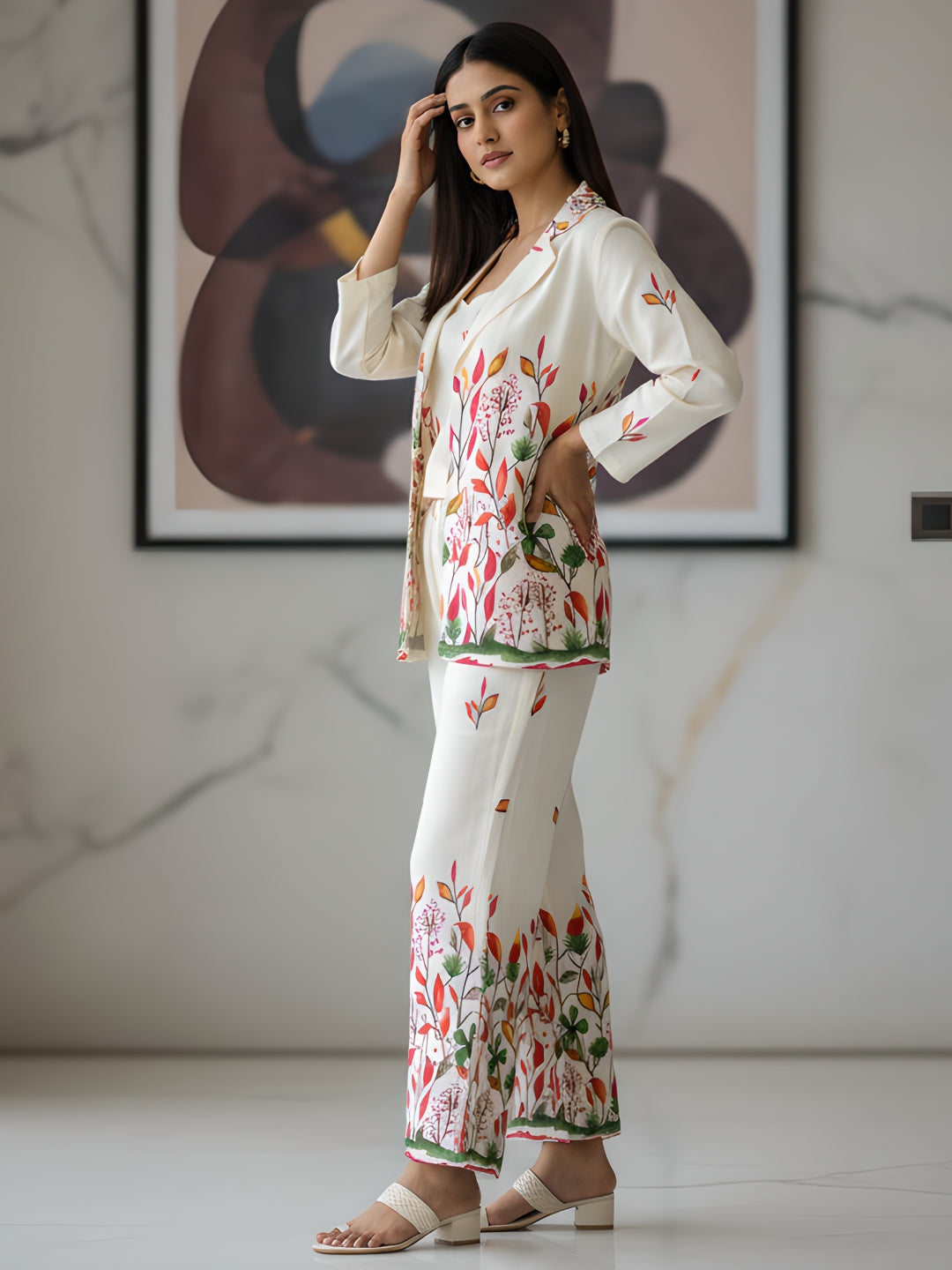 Luxury Botanical Cotton Blazer Co-ord Set for Women (3-Piece)