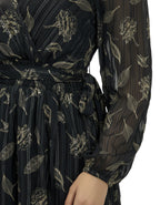 Black Georgette Lurex Floral Wrap Dress with Tiered Hem