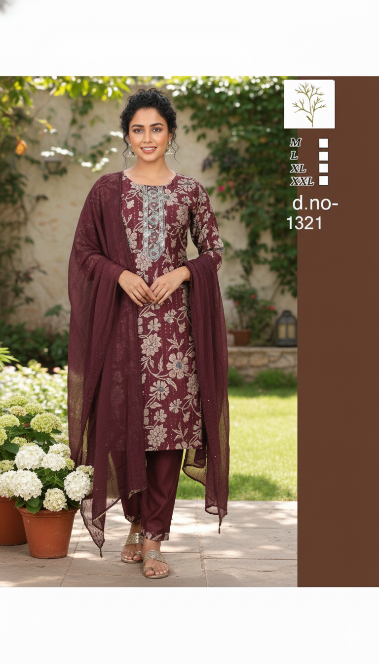 ViigoBella Embroidered Straight Suit with Dupatta – Maroon Floral Edition