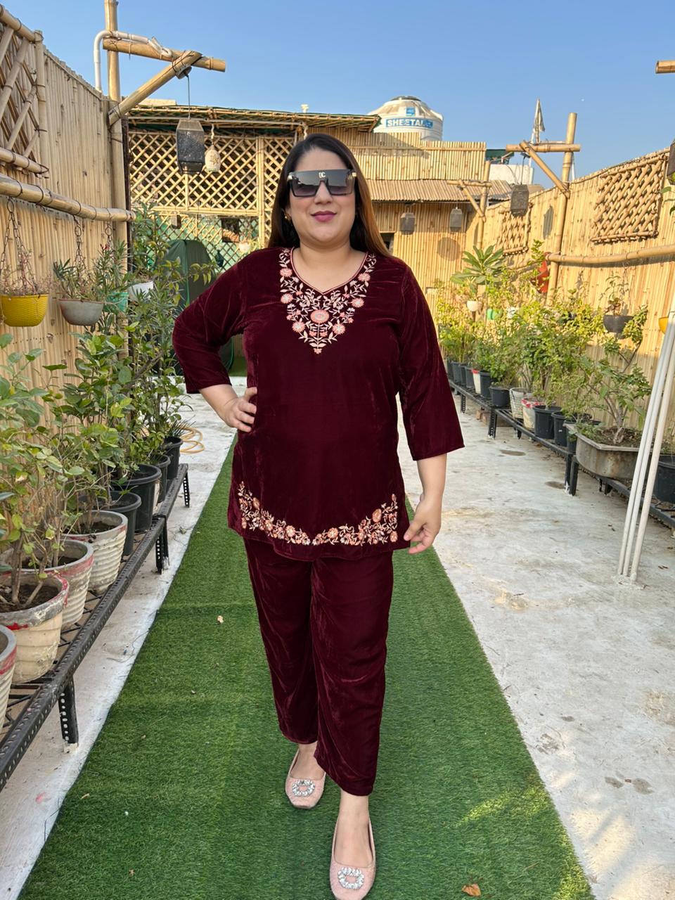 Viigobella Embroidered Velvet Cord Set – Top & Pant Co-Ord