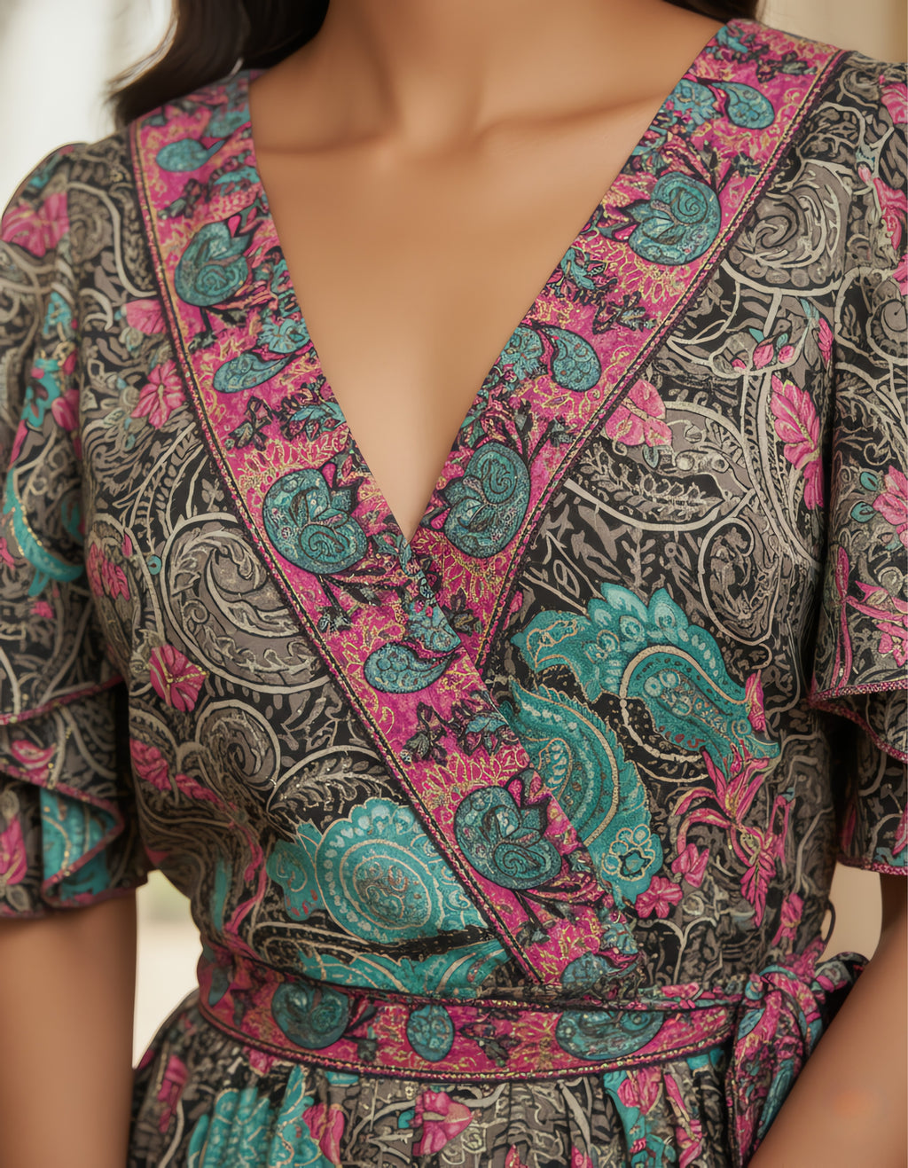 Viigobella Kasturi Silk Grey Multicolor Wrap-Style Maxi Dress