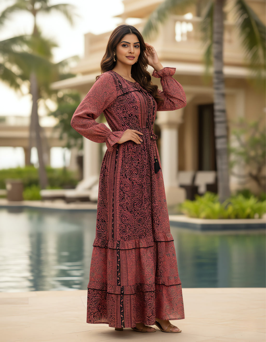 Viigobella Kasturi Silk Printed Tiered Maxi Dress with Drawstring Waist