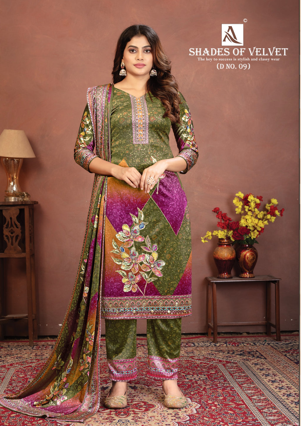 Premium Velvet Designer Printed Suit Set with Dupatta