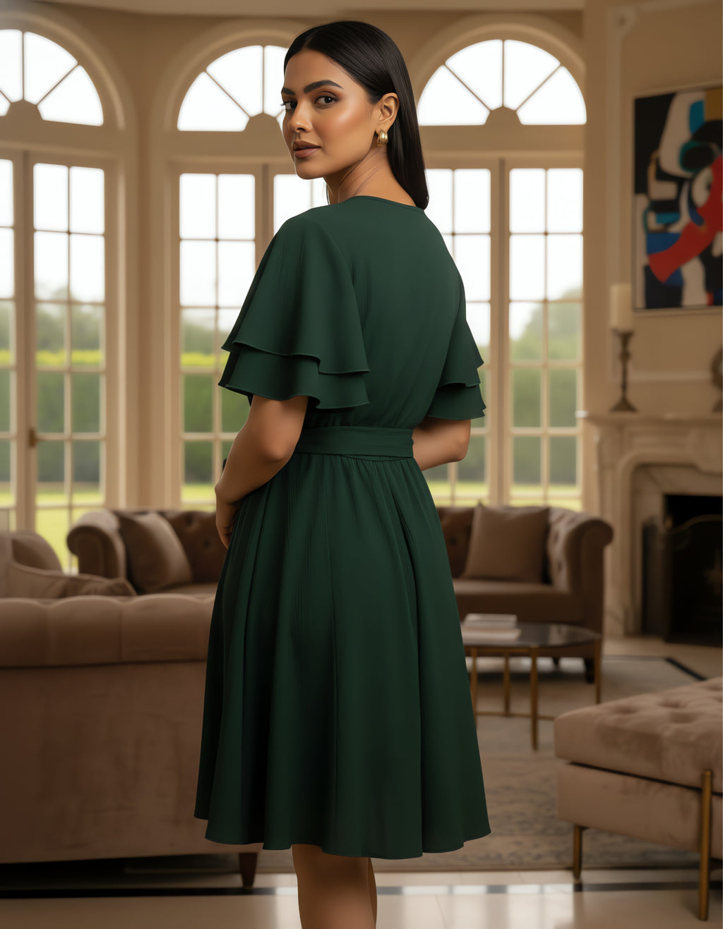 Viigobella Solid Rayon Crepe Wrap Dress with Layered Ruffle Sleeves