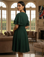 Viigobella Solid Rayon Crepe Wrap Dress with Layered Ruffle Sleeves