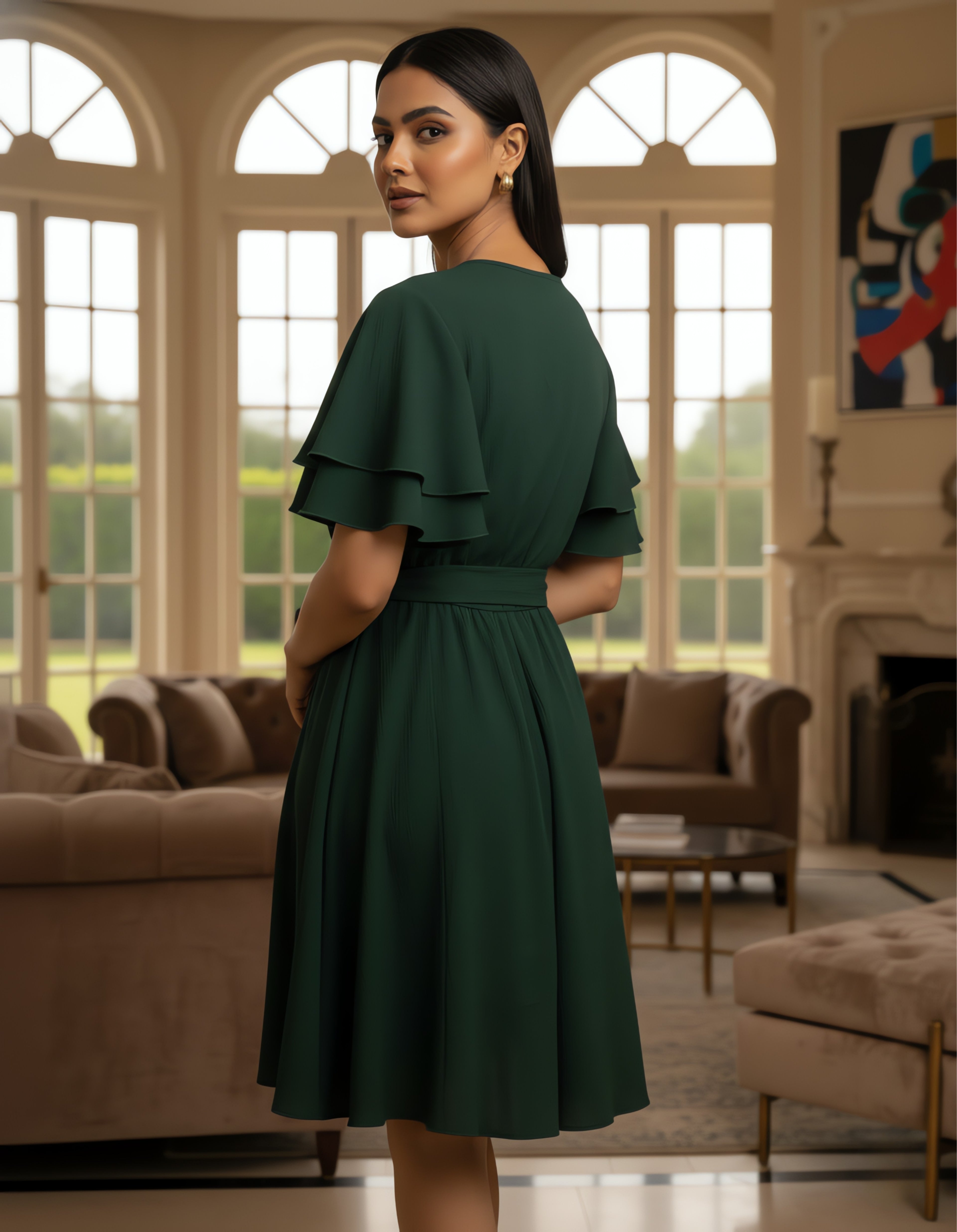 Viigobella Solid Rayon Crepe Wrap Dress with Layered Ruffle Sleeves