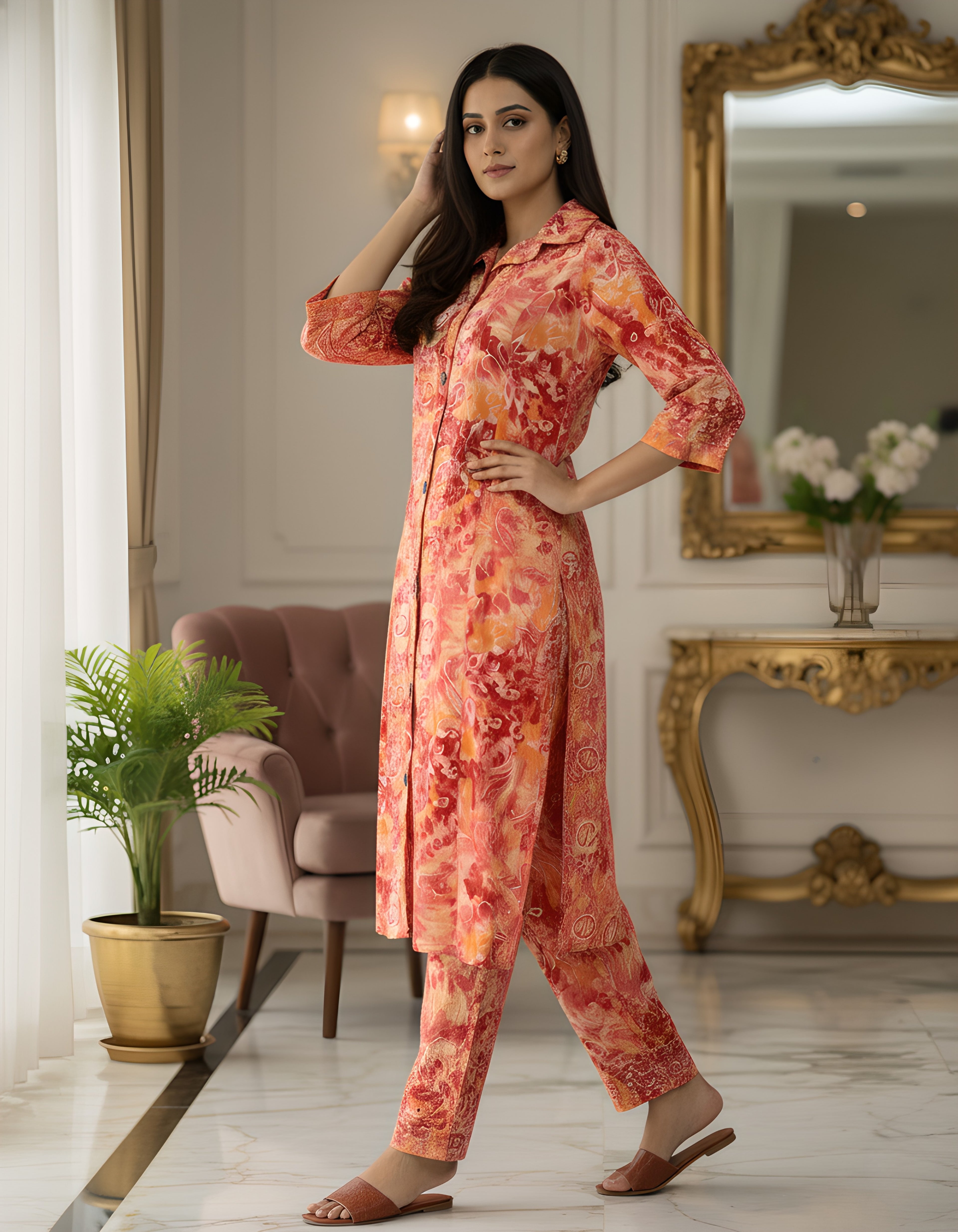 Peach Red Abstract Long Shirt Co-ord Set in Kasturi Silk – Viigobella