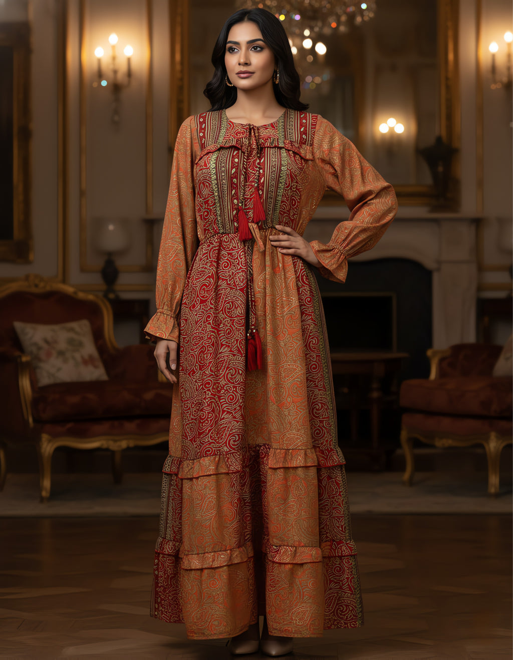 Viigobella Premium Kasturi Silk Printed Tiered Maxi Dress with Tassel Detail